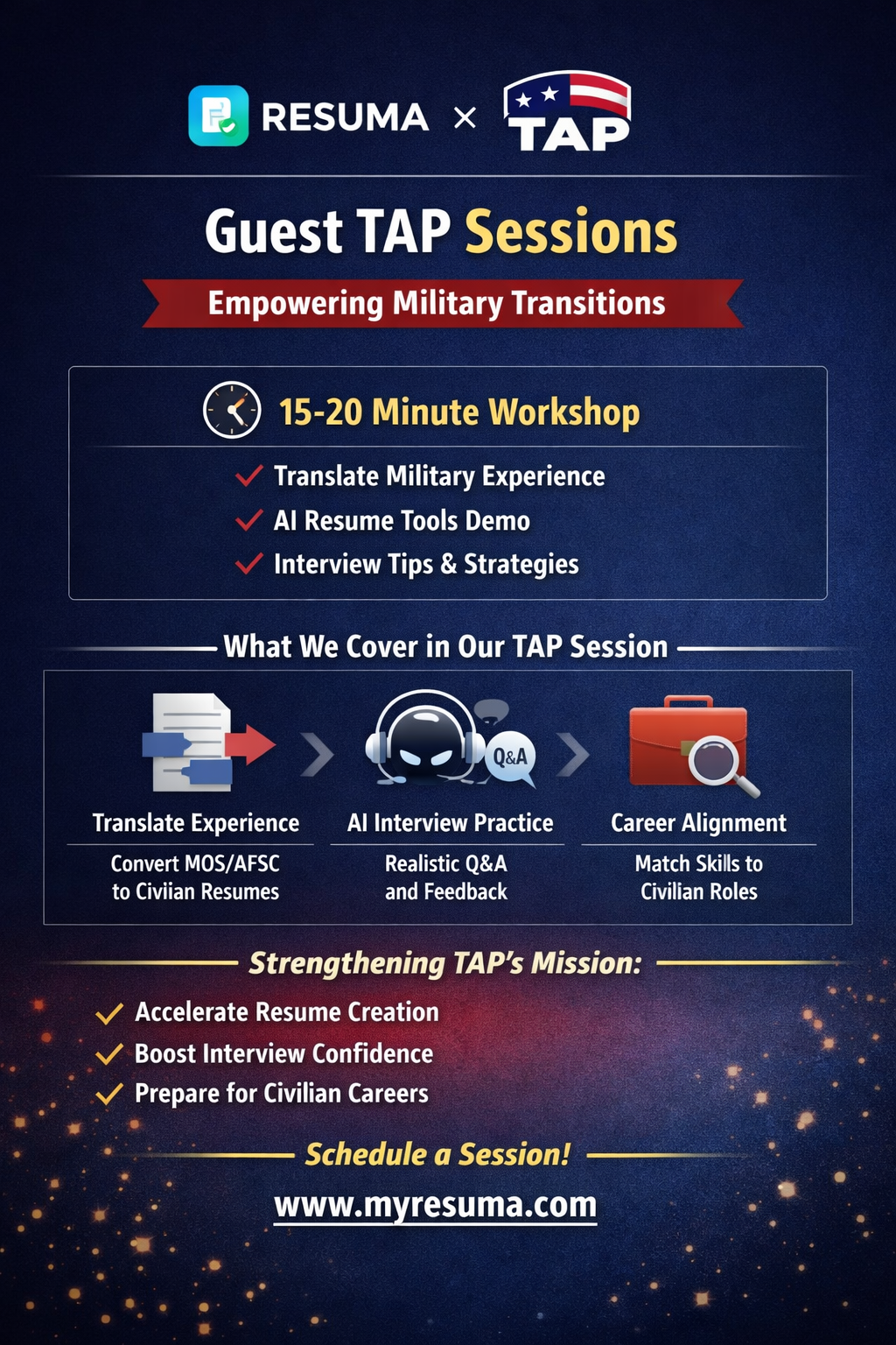 Resuma × TAP Guest Sessions flyer — 15-20 minute workshop covering military experience translation, AI resume tools, and interview tips